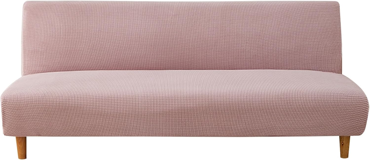 Armless Futon Cover, Stretch Folding Sofa Bed Slipcover Couch Cover with Elastic Bottom(Pink,Large)