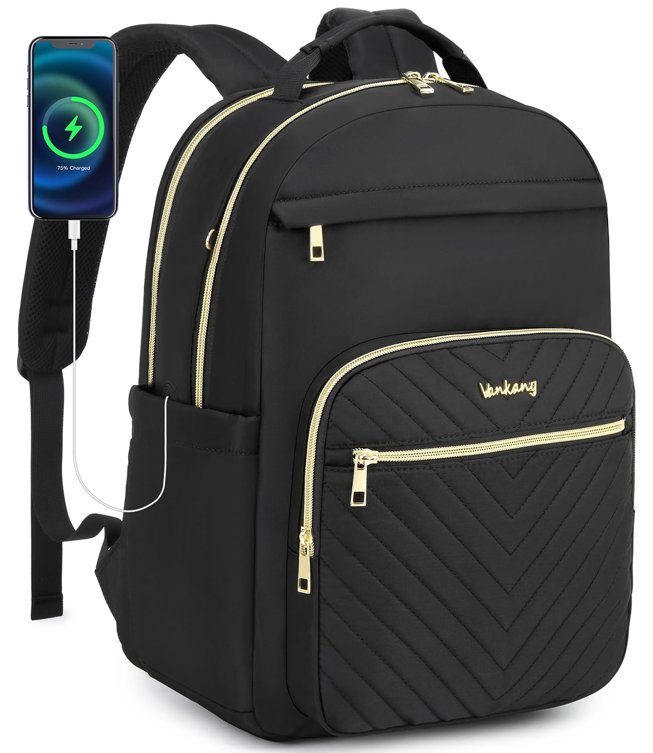 VANKANY Laptop Backpack Women Aesthetic Highschool Backpack for Girls Cute Black Backpack for College Students Nursing Commuter Work