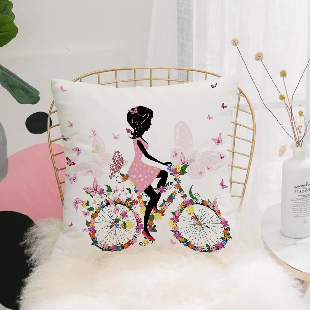 HYOSXW Cushion Cover,Throw Pillow Case Home Decorative for Living Room Bedroom Sofa Chair 16X16 Inch,Girl on a bicycle with a romantic butterflies,Pillowcase 40X40cm