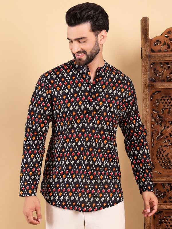 Image of Vaamsi Ethnic Bay Men's Cotton Solid Printed Short Regular Kurta(MSKU1002BLK)