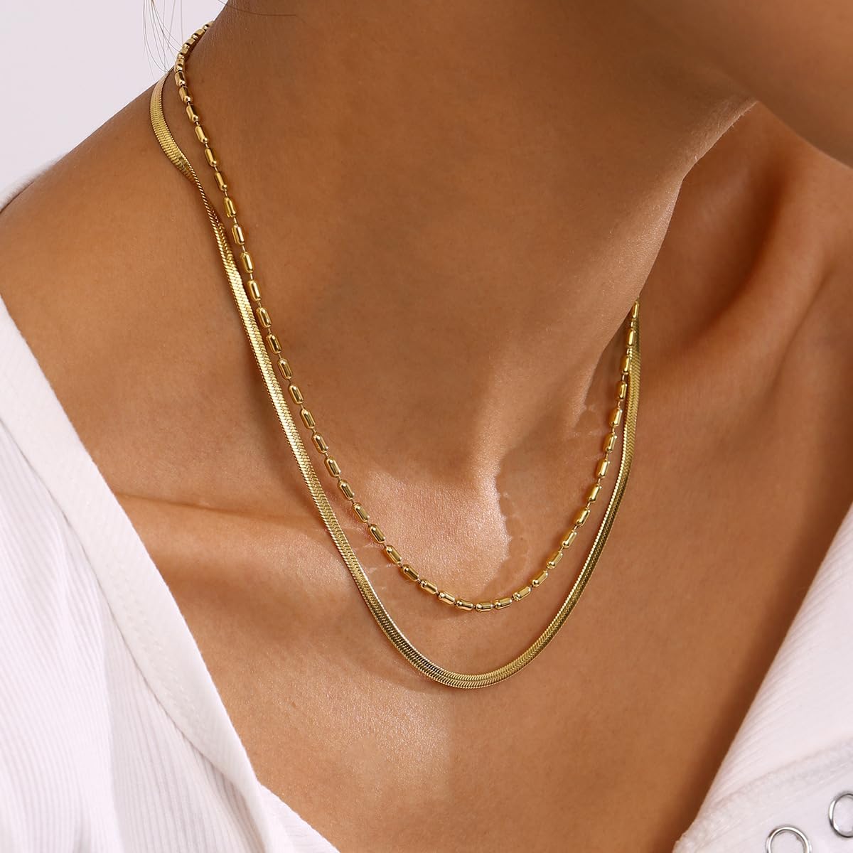 18K PVD Gold Plated Double Layer Chain Necklace, Stainless Steel Non Tarnish Beaded and Snake Chain Design,Dual Strand Layered Necklaces for Women,Fashion Jewelry Gifts For Birthday Anniversary