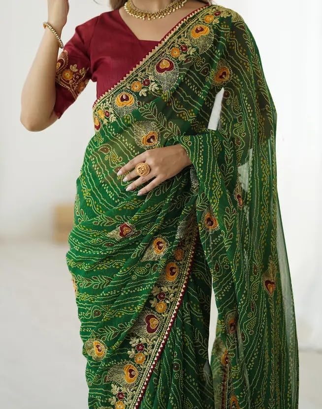 Image of Women's Georgette Bandhani Printed Embroidery Saree with Unstitched Blouse Piece