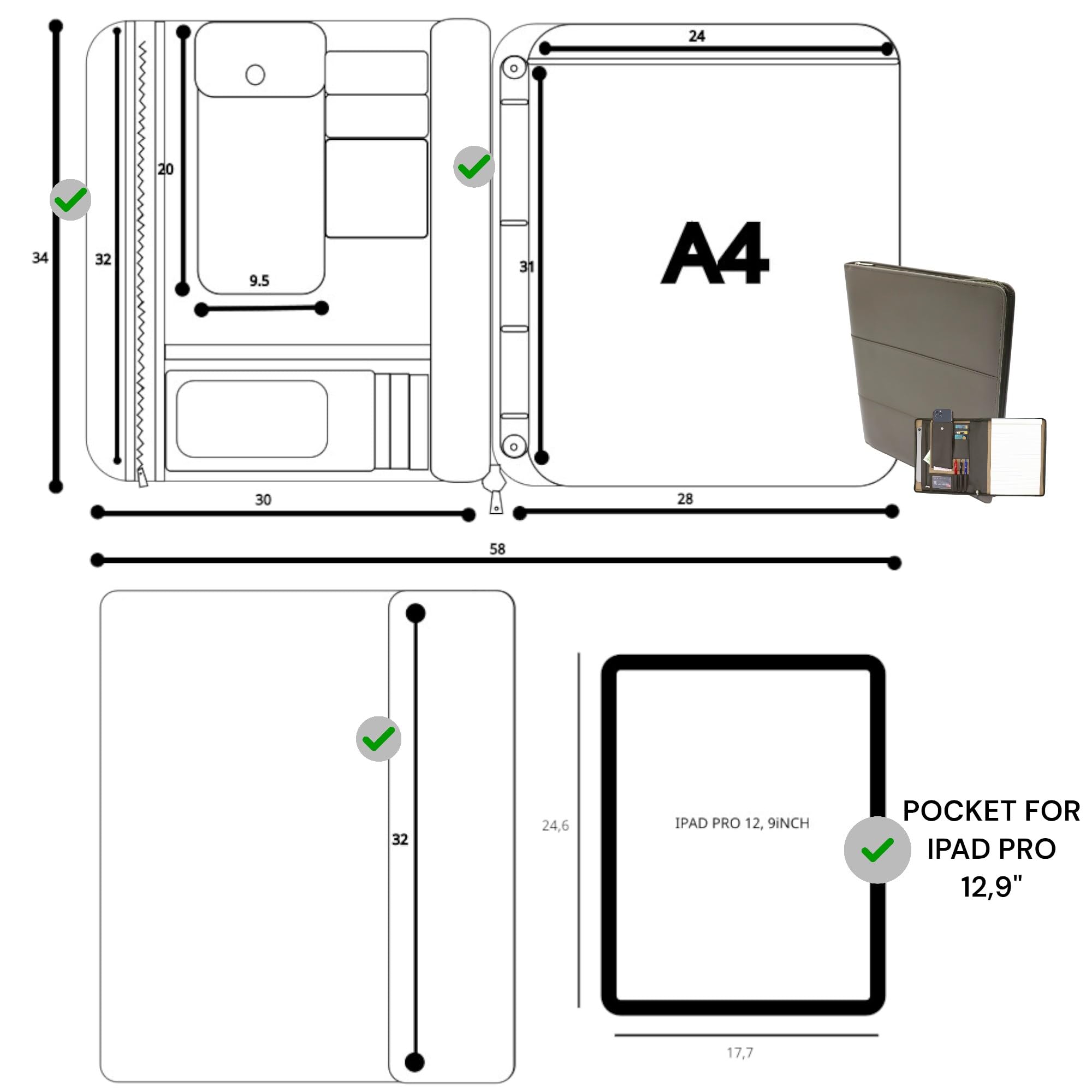 Safekeepers Dokumentenmappe Leder - Konferenzmappe a4 - Ledermappe a4, Arbeitsmappe aus Leder - Grün Army