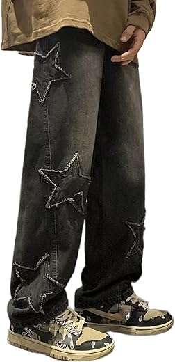 Mens Y2k Star Jeans High Waisted Hip Hop Streetwear Jeans Loose Baggy...