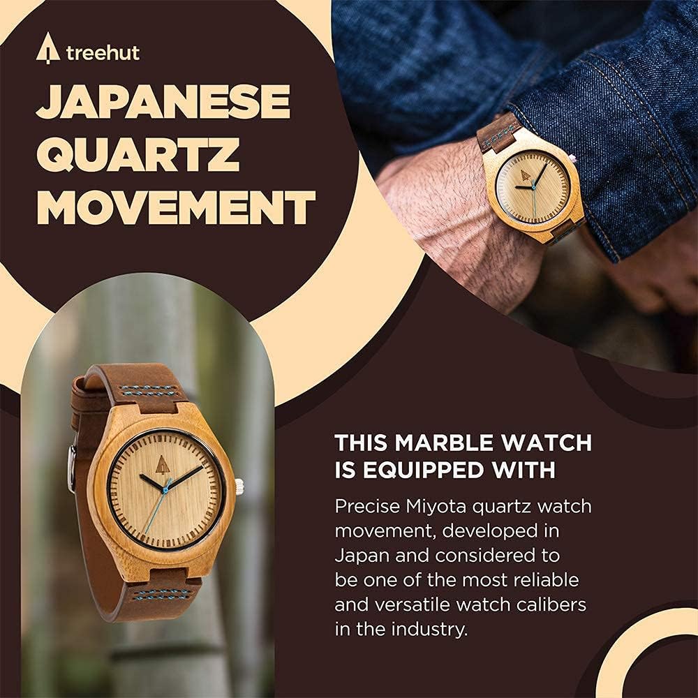 Treehut Wooden Watches for Men, Bamboo Wooden Watch, Japanese Quartz Movement, Boys Stylish Exotic Wrist Gentlemen Watch with Adjustable Stainless Steel Buckle and Box, Relojes para Hombre