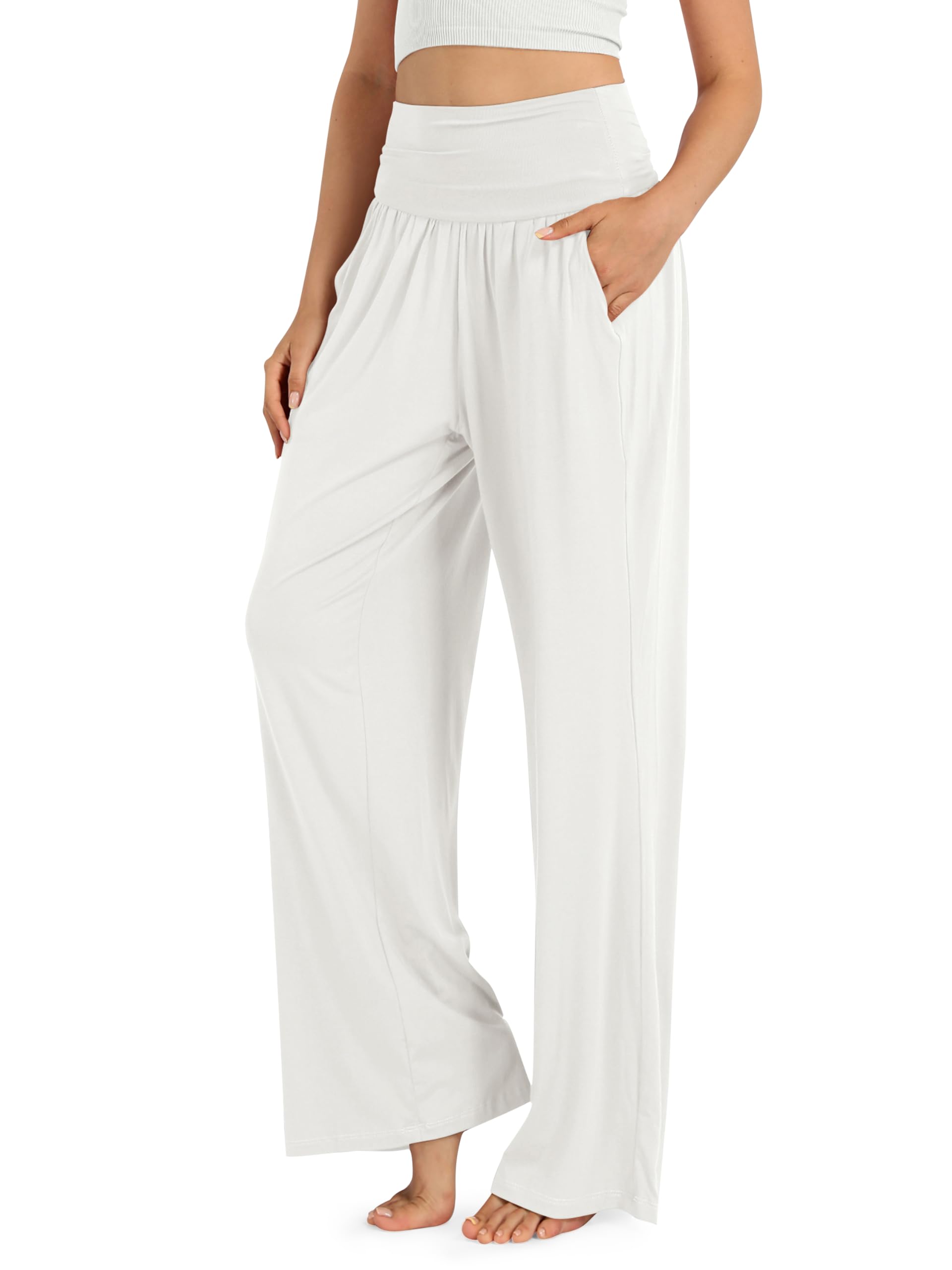 ODODOS Women's Wide Leg Palazzo Lounge Pants with Pockets Light Weight Loose Comfy Casual Pajama Pants-28 inseam, Off White, Large