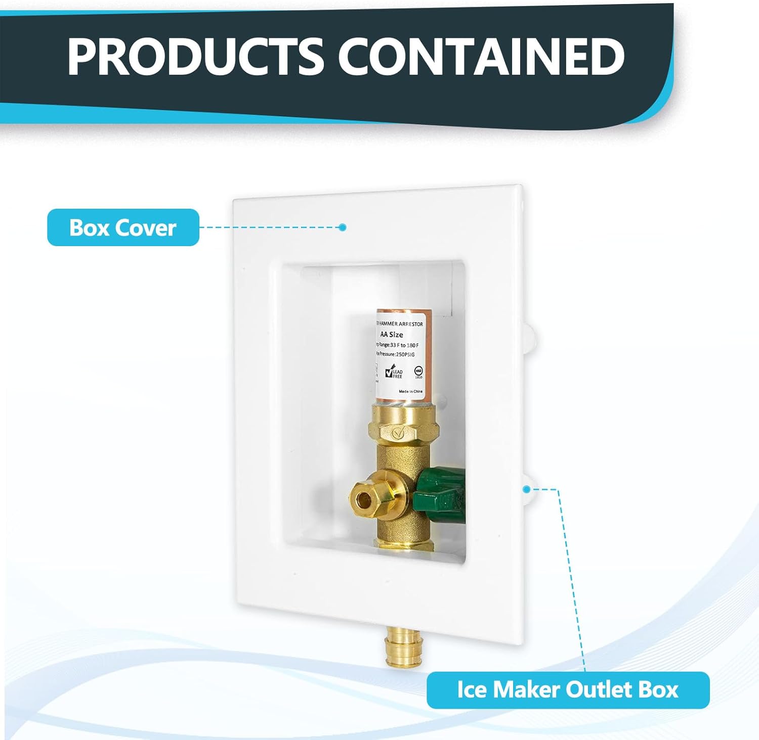 1-Pack Seelink Pre-Assembled Ice Maker Outlet Box, 1/2" PEX-A Expansion Inlet x 1/4" OD Compression Outlet, with Installed 1/4-Turn Ball Valve and Copper Hammer Arrestor