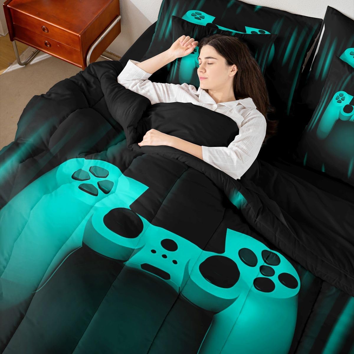 Feelyou Twin Size Gamer Comforter Set Boys Gaming Bedding Set for Kids Teens Teal Black Video Game Gamepad Bed in a Bag Soft 7 Piece Bed Set Includes Comforter, Sheet Set, Pillowcases, Pillow Covers