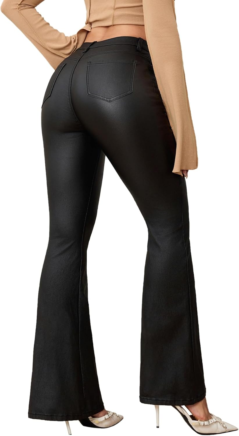 Women Faux Leather Pants PU Mid Waist Skinny Drawstring Leather Leggings Flare Pants - Image 2