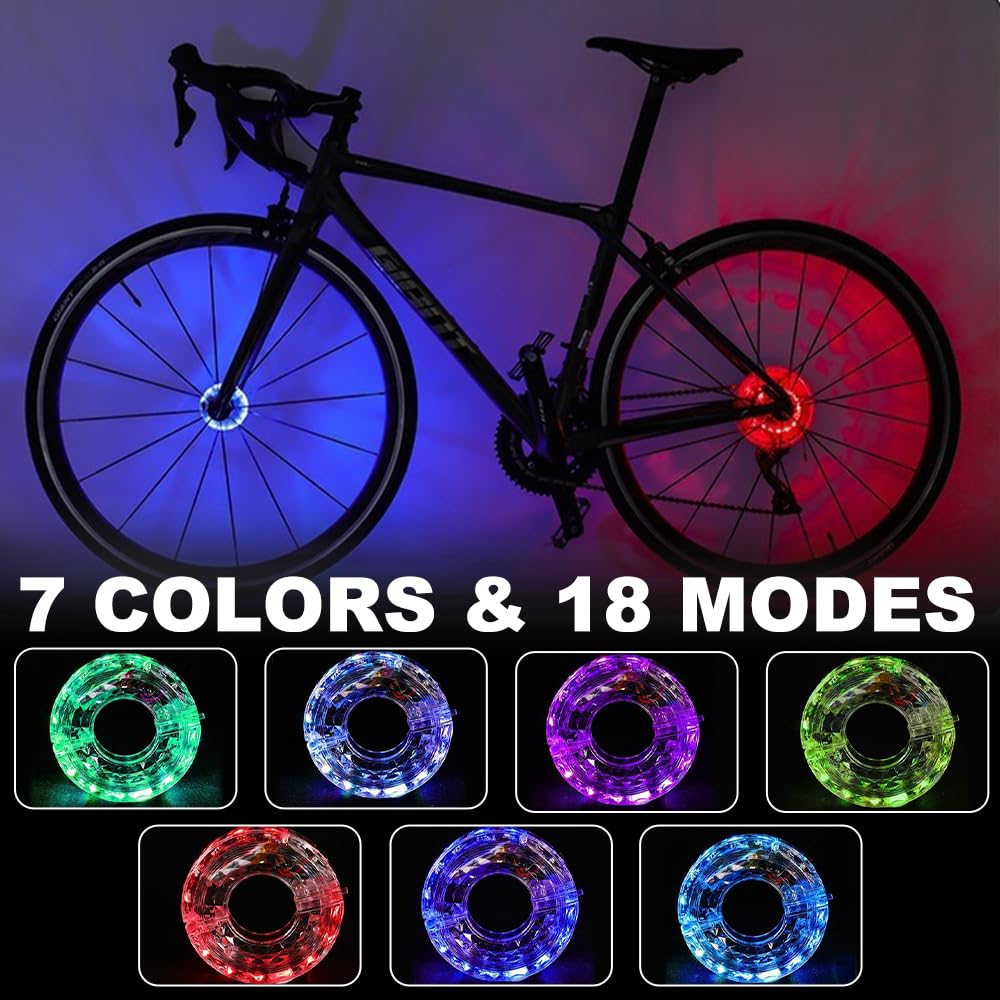 LED per Bicicletta, 2PCS USB Ricaricabile Luci dei Raggi della Bicicletta Impermeabile, Luci per Ruote LED per Bici 7 Colori 18 modalità