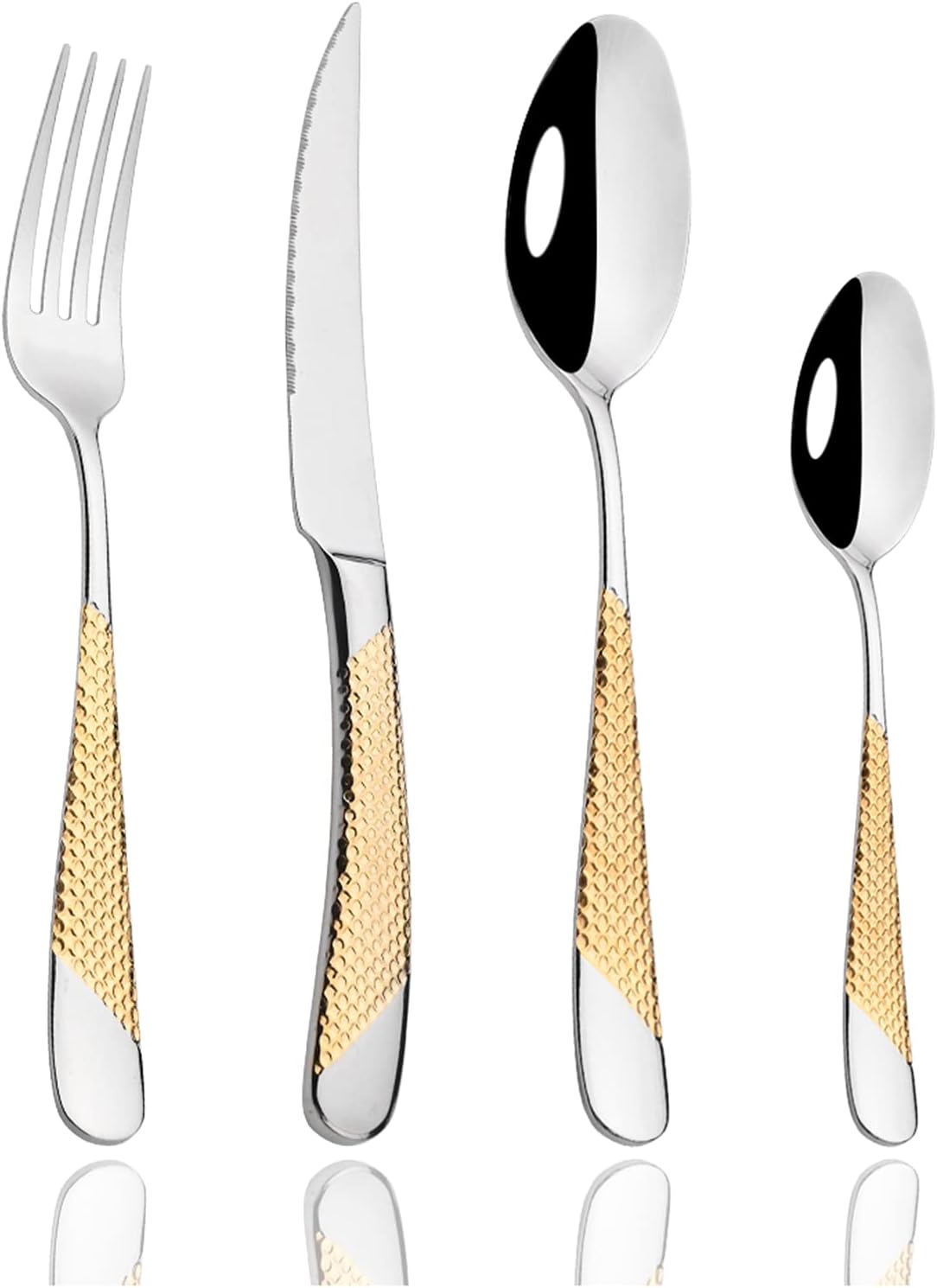 JASHII 16-Piece Hammered Silver Gold Silverware Set, 304 Golden Plated Stainless Steel Flatware Set,Tableware Set Service for 4, Include Knife/Fork/Spoon, Reusable, Mirror Finish, Dishwasher Safe