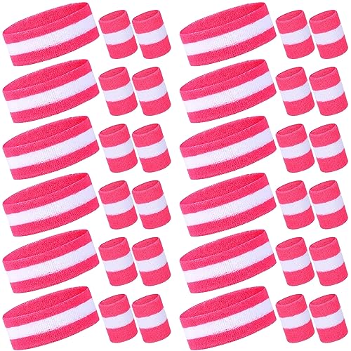 Image of Eurzom 36 Pcs Neon Sports Sweatbands Set Include 12 Striped Sweat Absorbing Headbands 24 Wristbands Athletic for Men Women Basketball Tennis Running Glow Party