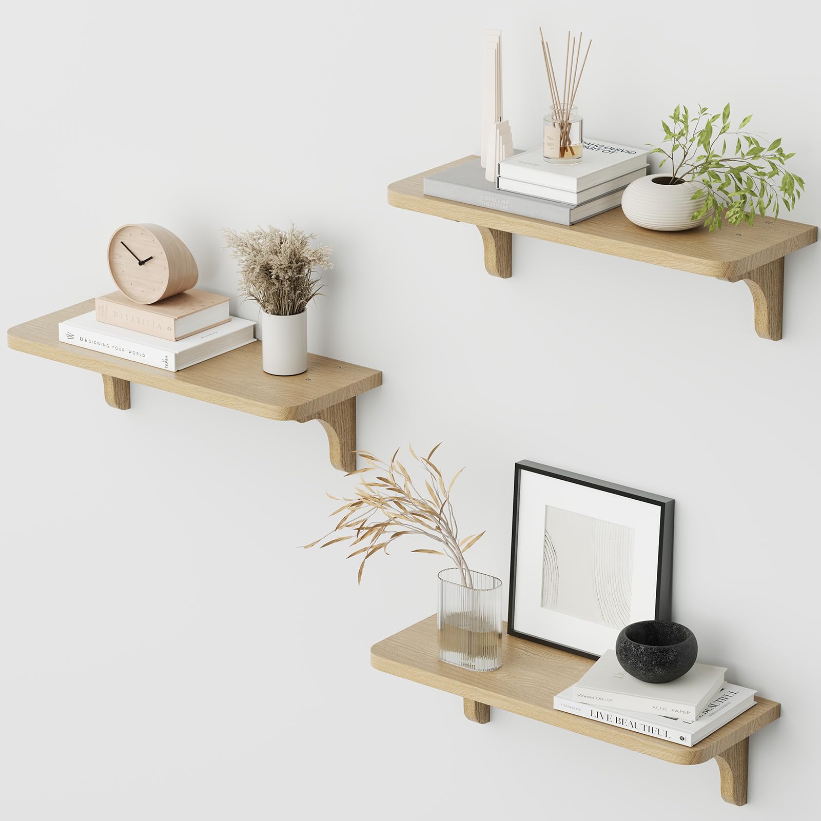 Étagères flottantes lot de 3 en bois marron pour décoration et rangement mural