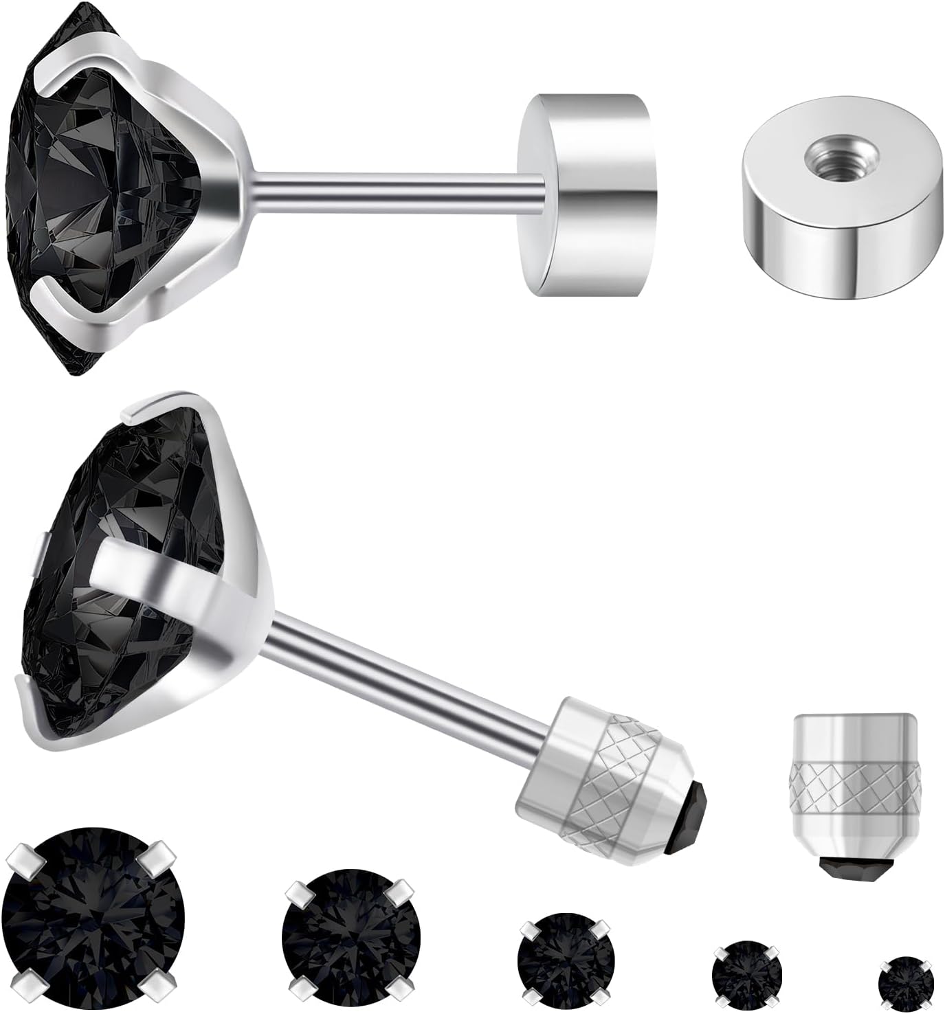 5 Pairs Flat Back Stud Earrings for Women, Trendy Cartilage Earring, Hypoallergenic Titanium Earrings Set, Cubic Zirconia Flatback Ear Rings Non Tarnish