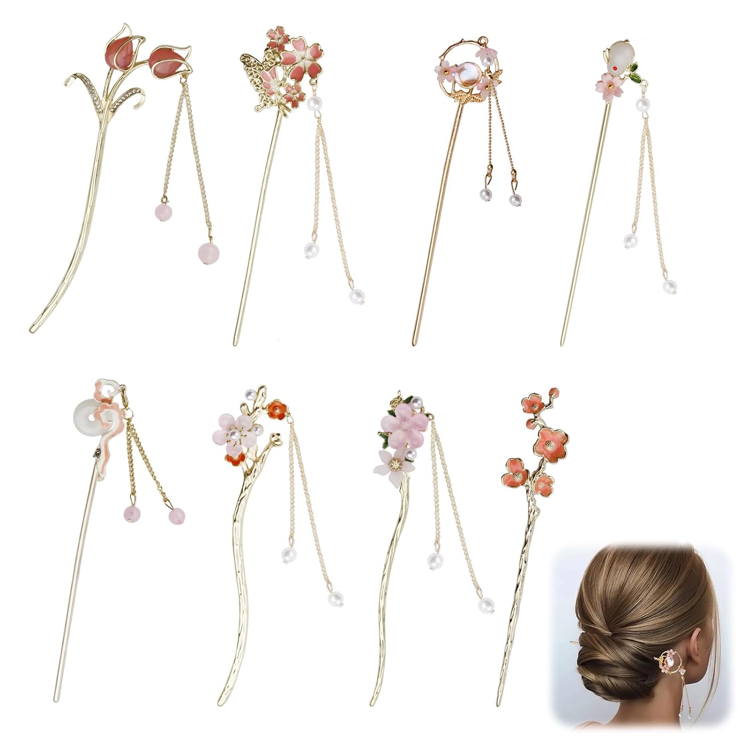 8 Pcs Chinese Hair Sticks Set - Traditional Asian Accessories