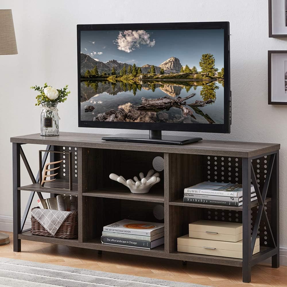 IBF TV Stand for TVs up to 65 Inch, Mid Century Modern Entertainment Center with Storage Shelves, Industrial Wood and Metal Media TV Console for Bedroom Living Room, Grey Oak, 55 Inch : Home & Kitchen