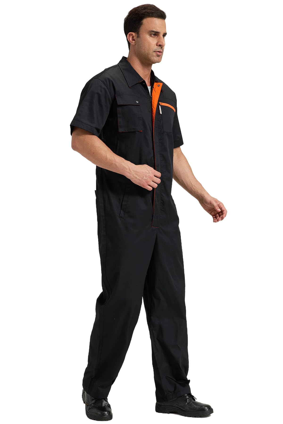 Herren Arbeitsoveralls Kurzarm Arbeitskleidung Leicht Arbeitsanzug Atmungsaktiv Reißverschluss Overalls Sommer Arbeitskombi, Schwarz, XL