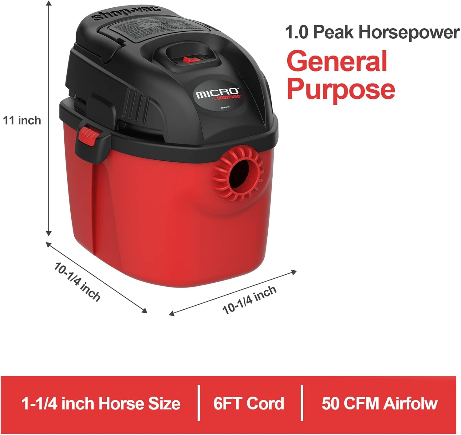 Shop-Vac Micro Wet/Dry Vac, Portable 1 Gallon 1.0 Peak Shop Vacuum with Collapsible Handle and Wall Bracket, 2021000 : Industrial & Scientific