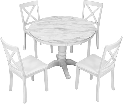 Miniatura 8 de Harper & Bright Designs Juego de mesa de comedor – Juego de comedor redondo de 5 piezas con 4 sillas de madera Blanco,Azul antiguo,Blanco