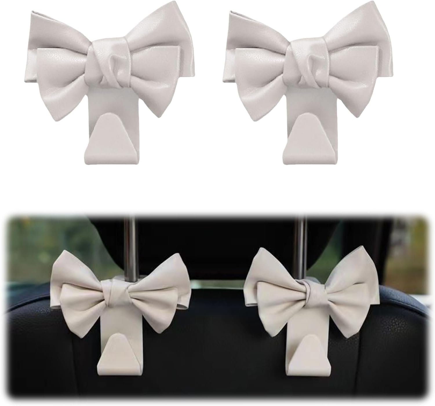2-pack boot organiser, car hooks cute bow headrest hanger for bags and handbags, space-saving car accessory (White-Brown)