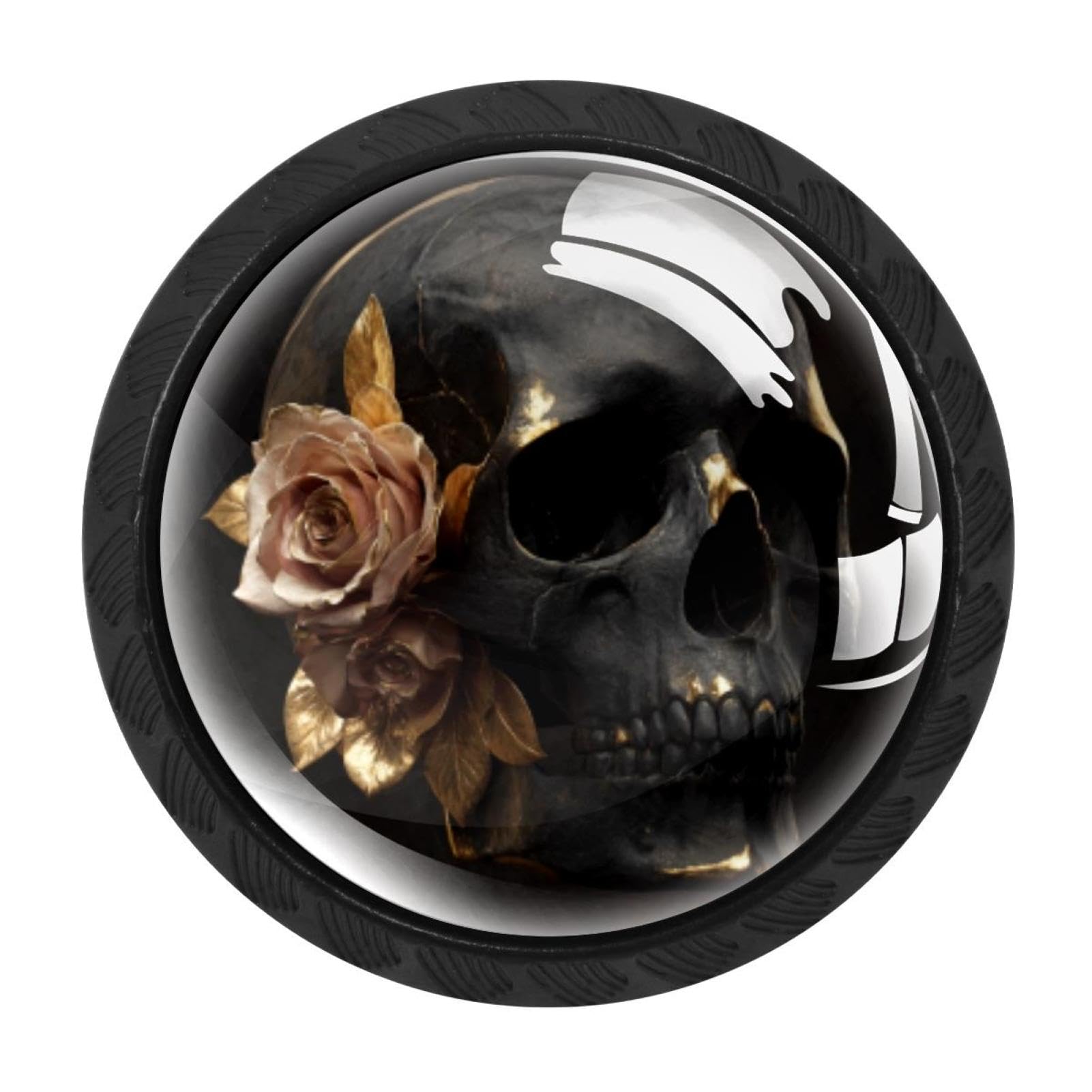 CHENZZZZ 4 Pack Black Black Gold Rose Skull (4) Drawer Knobs, Cabinet Knobs Round Glass Knobs for Kitchen Cabinet Hardware Bathroom 35MM