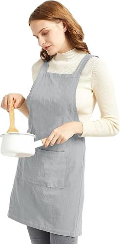 Miniatura 15 de ELEZAY Delantales para mujer con bolsillos, talla grande, cómodo, espalda cruzada, sin lazo, delantal de lino y algodón