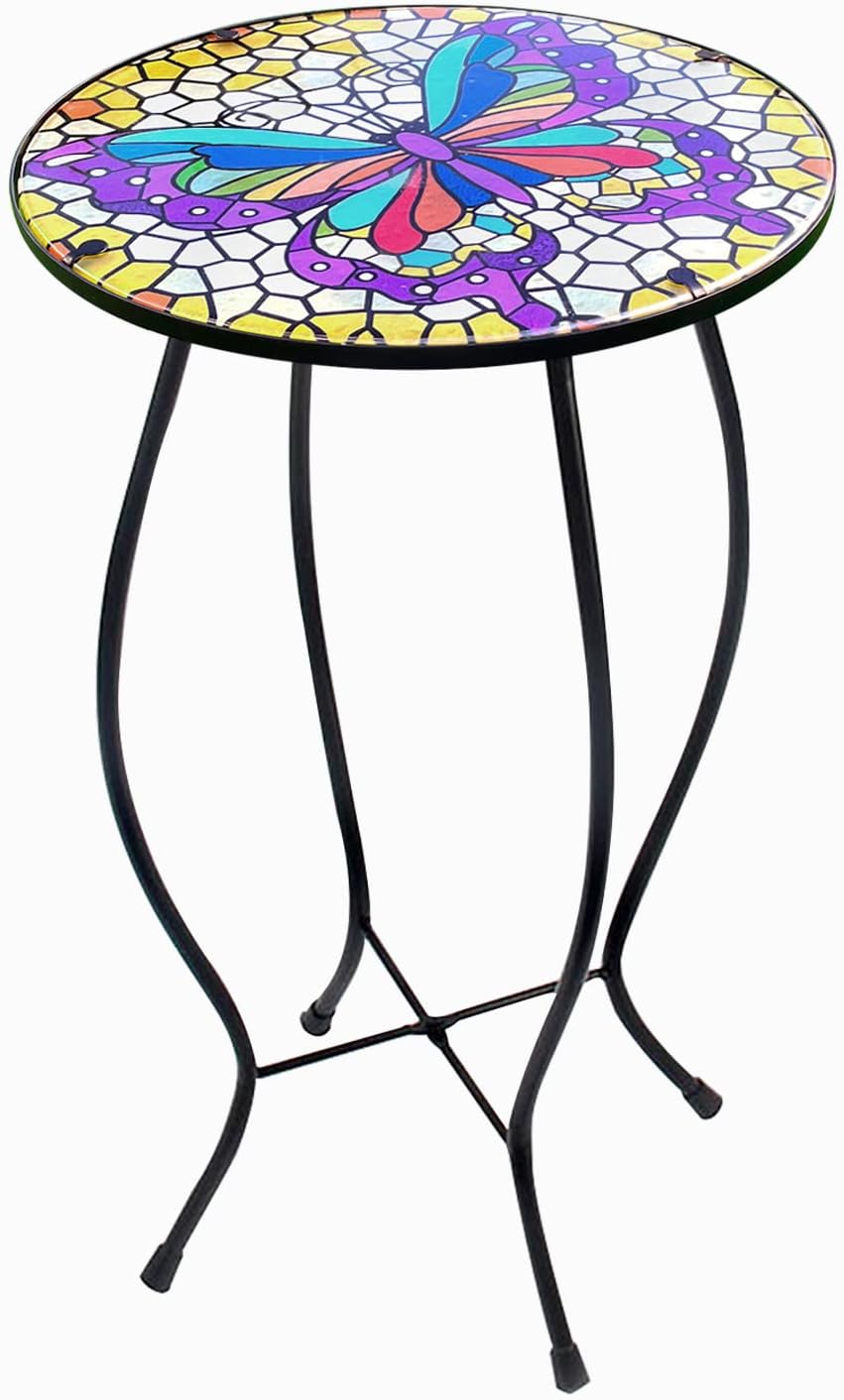 LIFFY Outdoor Mosaic Side Table - Butterfly Outdoor End Table - Small Patio Side Table - Glass Garden Round Table for Yard or Lawn