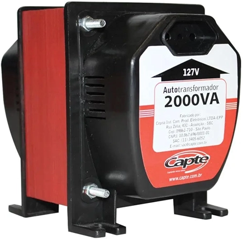 Capte Auto Transformador 5000VA 1400W com Borne, 110V para 220V e Vice-Versa, Protetor Térmico, Tripolar, 17.8x16.5x13cm