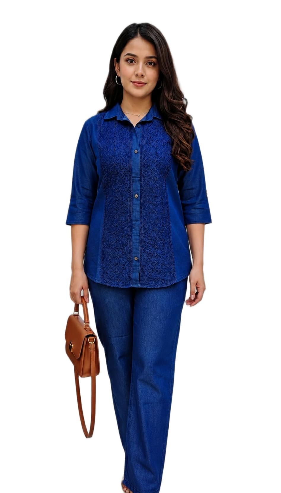 pravtown -the fashion hub Women's Denim Co-ord Set, Dark Blue, Large, Textured Front Panel, 3/4 Sleeve, Regular Fit-picture-57