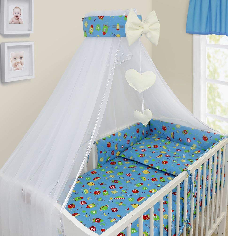 BABYMAM Baby Cot Canopy with Holder, Decorative Chiffon Mosquito Net with Ribbon and Hanging Hearts, Fits Standard Cots and Cot Beds (Cosmos)