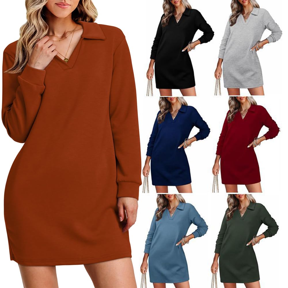 Robe Sweat-Shirt à Manches Longues et col en V pour Femmes, Robe Tunique à col en V, Robe Sweat-Shirt à col en V à Revers, Mini Robes décontractées de Couleur Unie à Coupe Ample (Caramel,S)