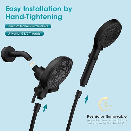 Miniatura 7 de FASDUNT Combo de cabezal de ducha de mano doble, disfruta de un cabezal de ducha de lluvia de 6 ajustes y una ducha de mano de 6 ajustes por
