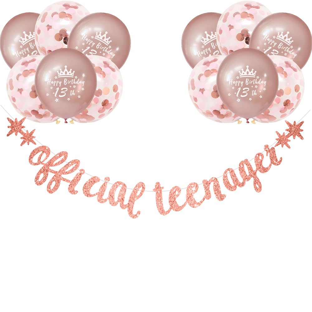 Official Teenager Rose Gold Gillter Happy 13thBirthday Banner Girls 13th Birthday Decorations Happy 13th Birthday Balloons Confetti by RichMoho