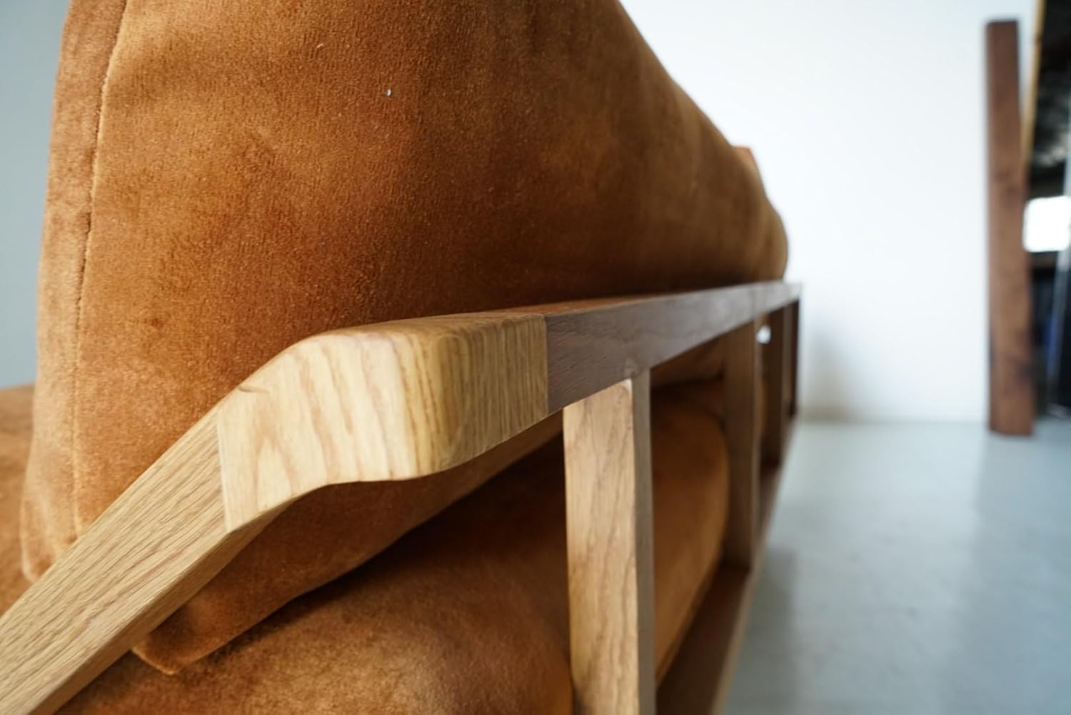 Sofa Made of White Oak and Dark Orange Short Plush Fabric, a mid-Century Modern Minimalist Sofa, Often Used in The Living Room and Study