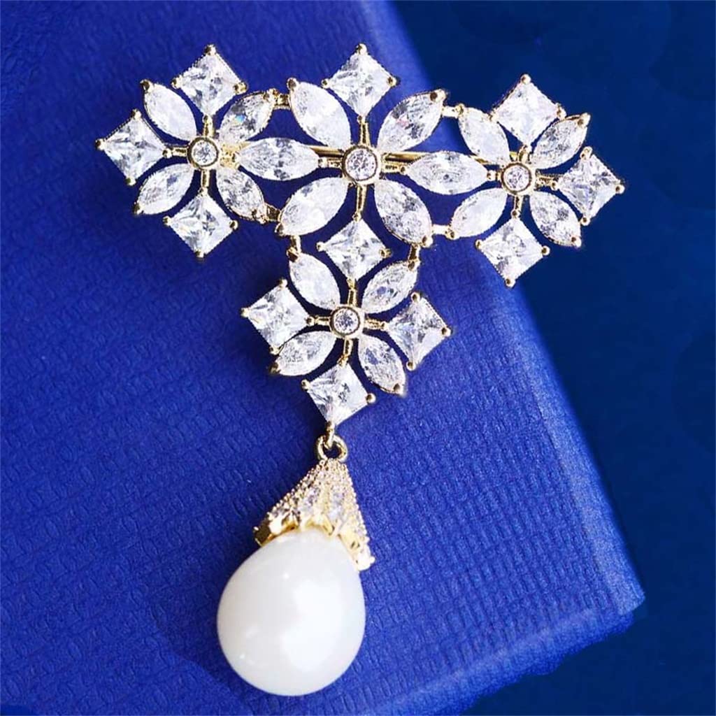 Broche Brillante con Forma de Gota de Agua y Perlas de imitación, Pin de Solapa para Bufanda de Metal de Lujo para Mujer
