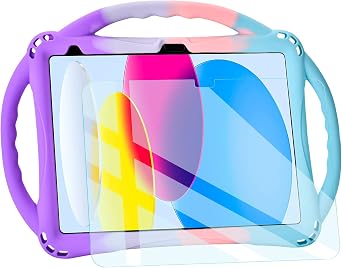 TopEsct Kids Case for iPad A16 11th Gen 11" 2025, iPad 10th Gen 10.9" 2022 with Tempered Glass Screen Protector, Silicone Shockproof Case with Strap Purple&Turquoise