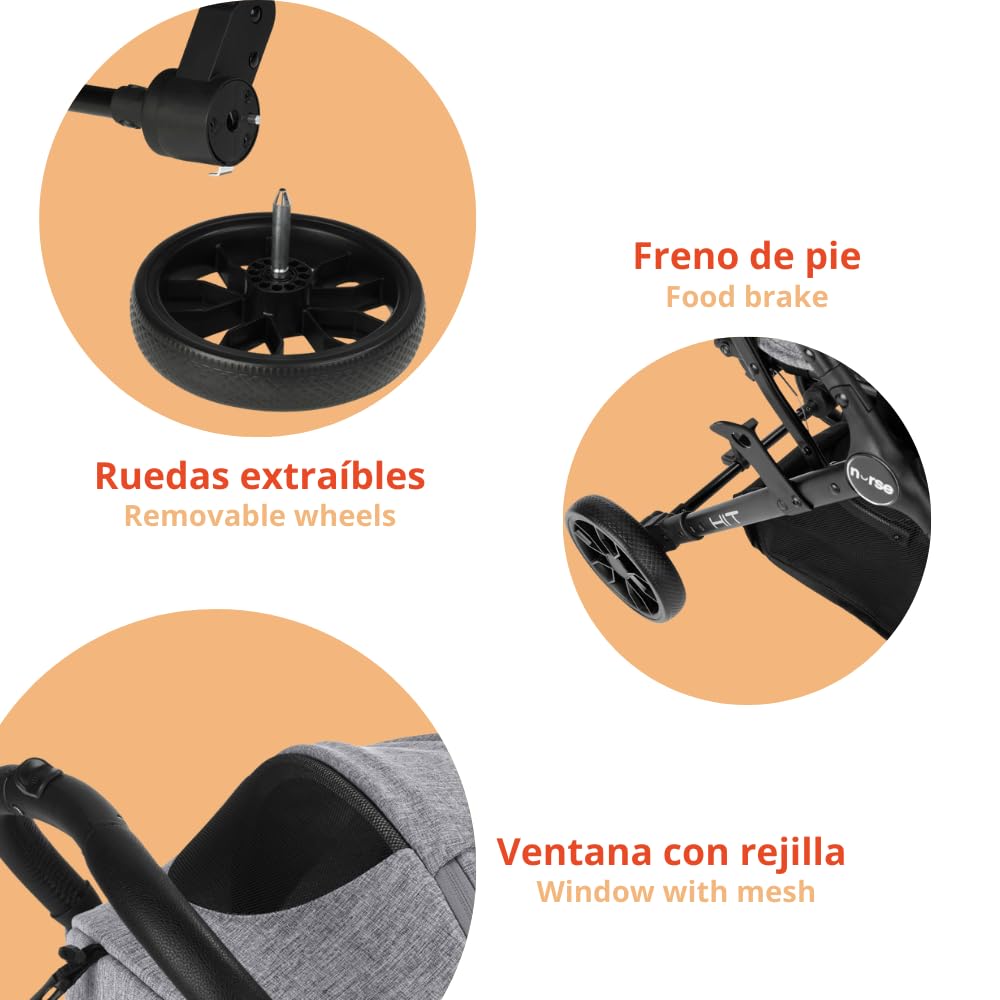 Nurse Hit Silla de Paseo Ligera hasta 22 kg, Plegado Compacto con Una Mano, Asa de Transporte, Respaldo Reclinado, Capota Extensible, Gris