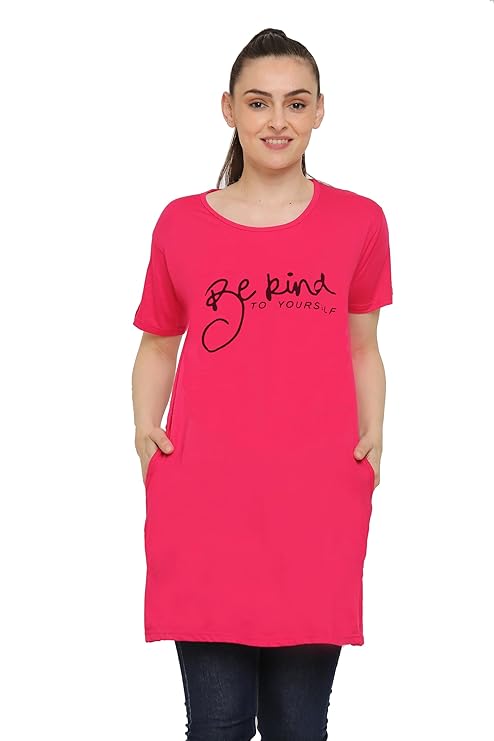 DDASPRATION Women Cotton Printed Long Pocket T-Shirt – DARK PINK-BEKIND
