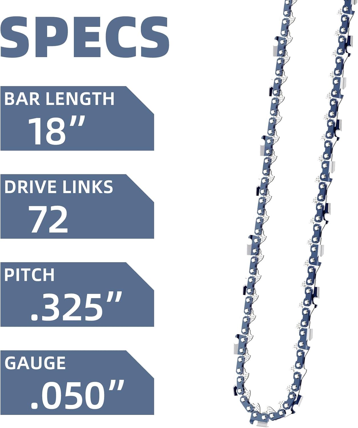 4 Pack 18 Inch Chainsaw Chain Fit Husqvarna .325" Pitch .050" Gauge 72 Drive Links Fits Husqvarna 440, 435, 545, 345, 350, 51, Poulan 4620, ECHO CS-400-591094872, 20lpx072g, H72 and More