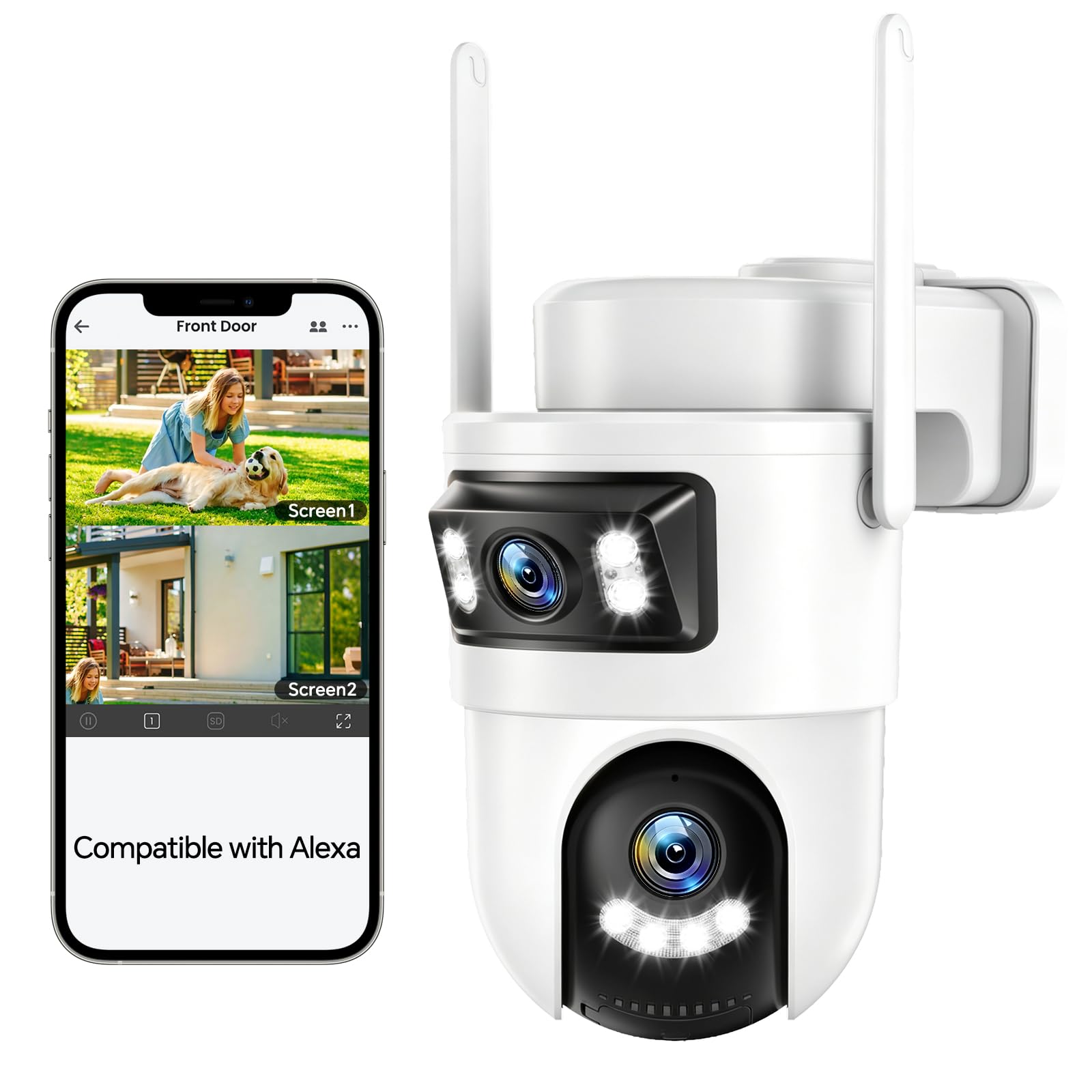 Dual Lens Security Camera Outdoor, 2.4GHz WiFi Cameras for Home Security, 360° View Pan/Tilt with Color Night Vision, 2K Full HD Video, 2-Way Audio, Works with Alexa, Motion Detection, Auto Tracking