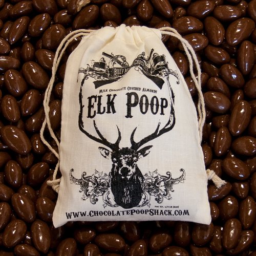 Chocolate Elk Poop (Milk Chocolate Covered Almonds) in Vintage Cotton ELK Poop Bag