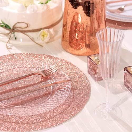 Efavormart 6 Pack Non-Slip Table Placemats, Round Faux Leather Placemats With Glitter - Blush/Rose Gold For Wedding, Banquet, Party, Kitchen, Dining, Conference Tables Decor, Centerpieces #TOP6