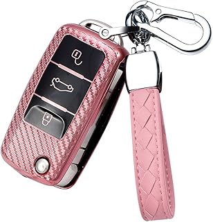 HIBEYO TPU Carbon Fiber Texture Car Key Fob Cover with Keychain fits for Volkswagen Vw Jetta GTI Skoda Car Key Case Cover