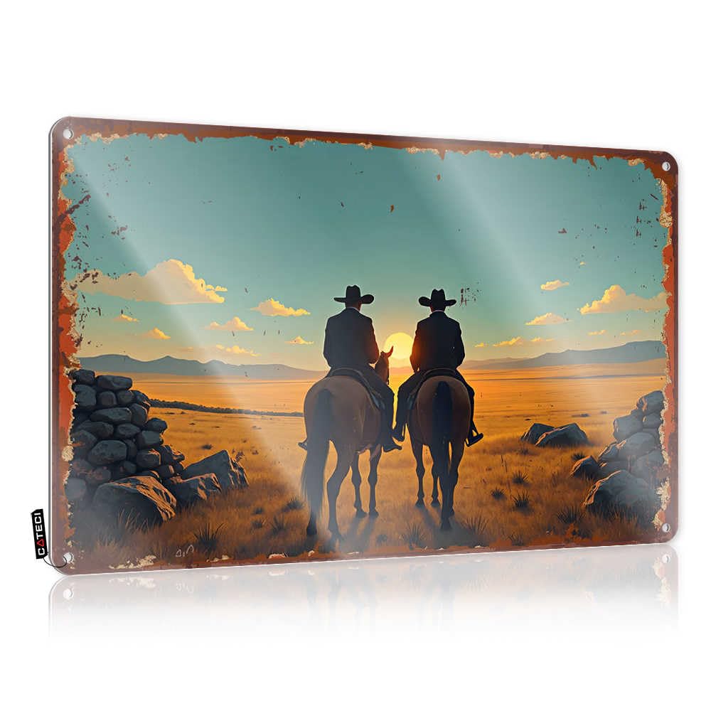 Fzfn Men's Colour Classy Decoration, Camping Decorations Essentials Two Cowboys Watching The Sunset In The Western Desert | Farmhouse Score Decor(30X40cm)