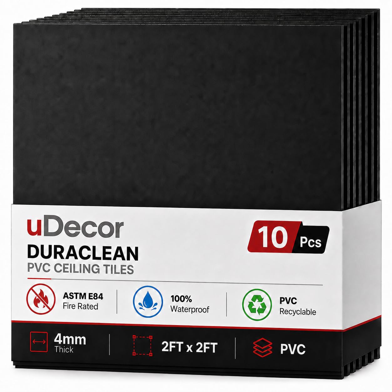 uDecor DuraClean Smooth Black 2ft x 2ft Vinyl Drop Ceiling Tile - Box of 10