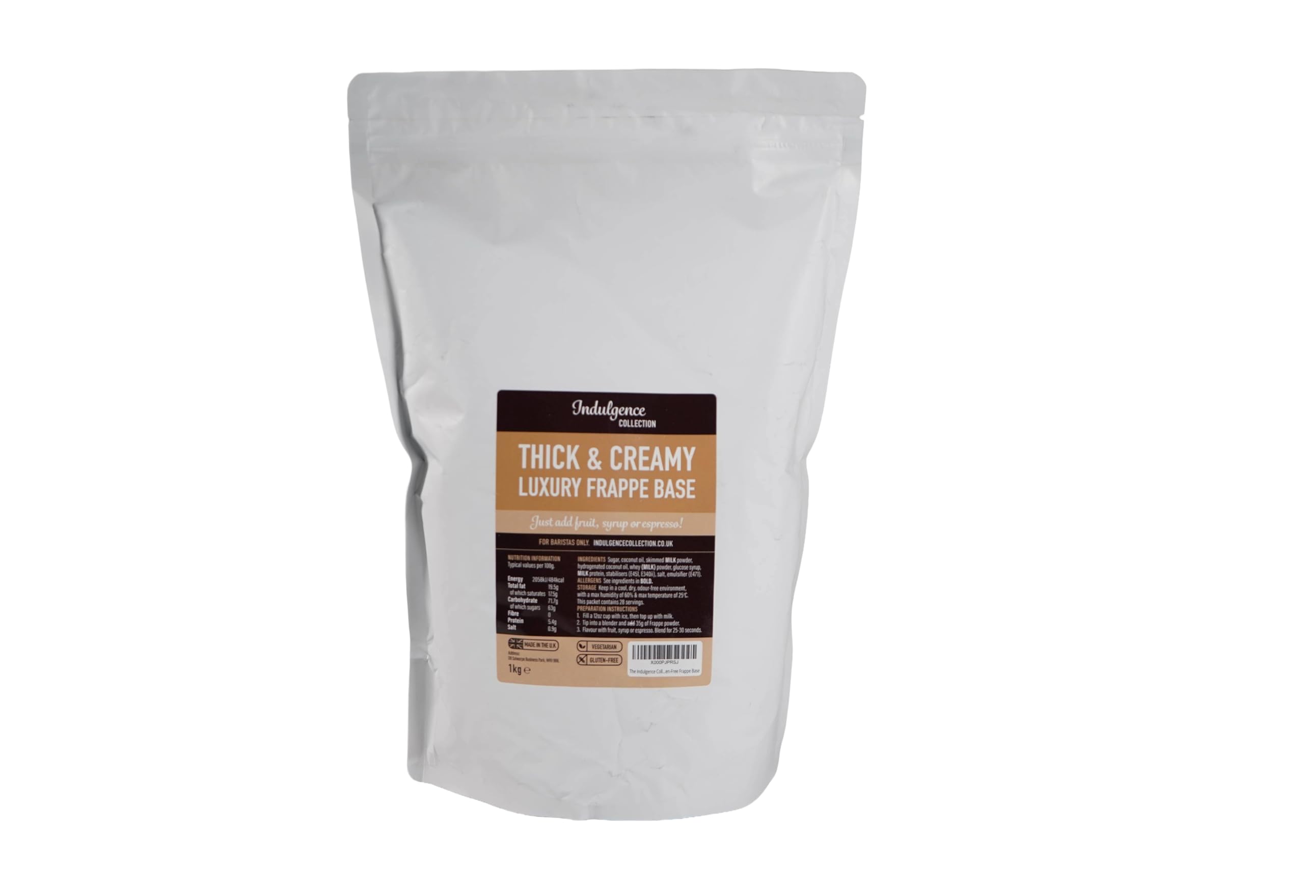 Indulgence Collection Frappe Powder Base 1kg - Unflavoured Mix - Luxurious Thick and Creamy Texture - Flavour with Espresso, Milk, Syrup and Fruit - Vegetarian and Gluten-Free - Made in the UK