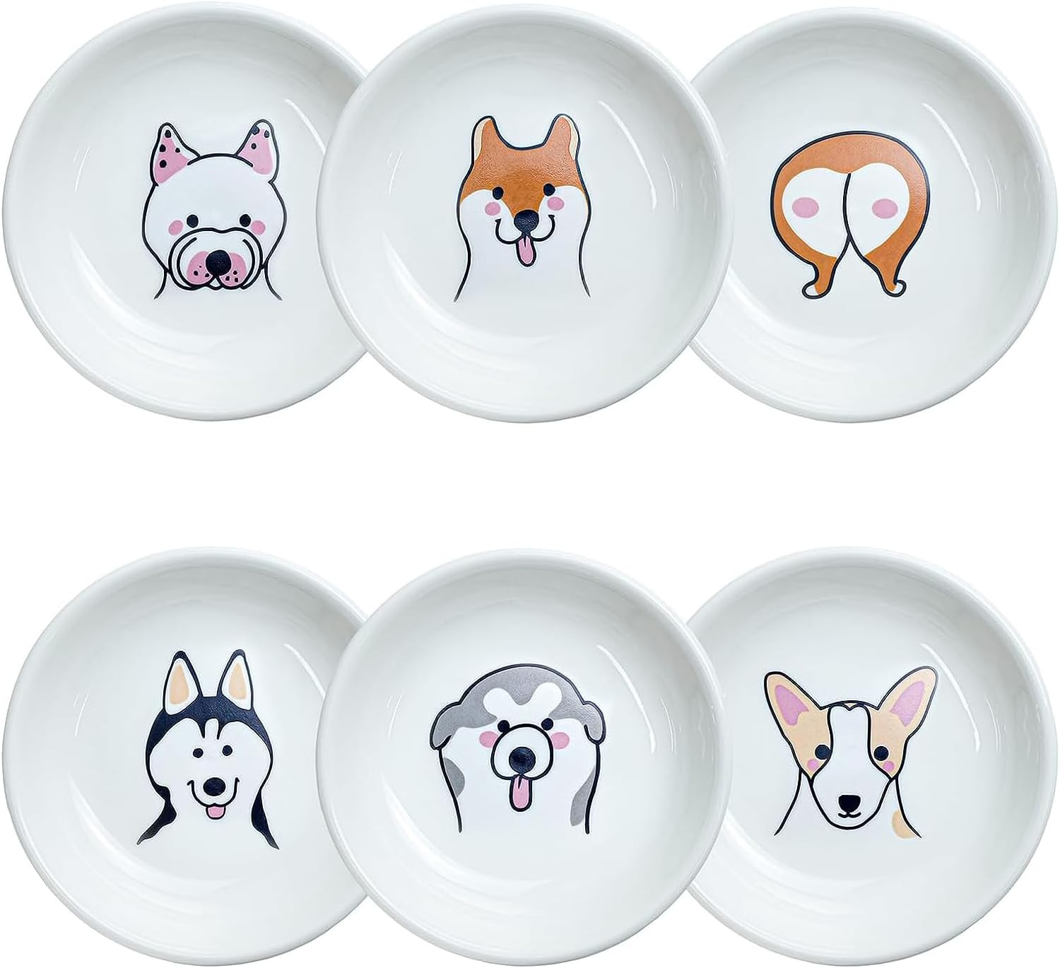 SOCOSY Super Cute Cartoon Animals Ceramic Sauce Dishes/Seasoning Dishes/Sushi Soy Dipping Bowls/Appetizer Plates/Dessert Plates/Little Cat Dog Feeding Bowls/Serving Dishes, 6 PCS-Dog Butt-3.5 Inch