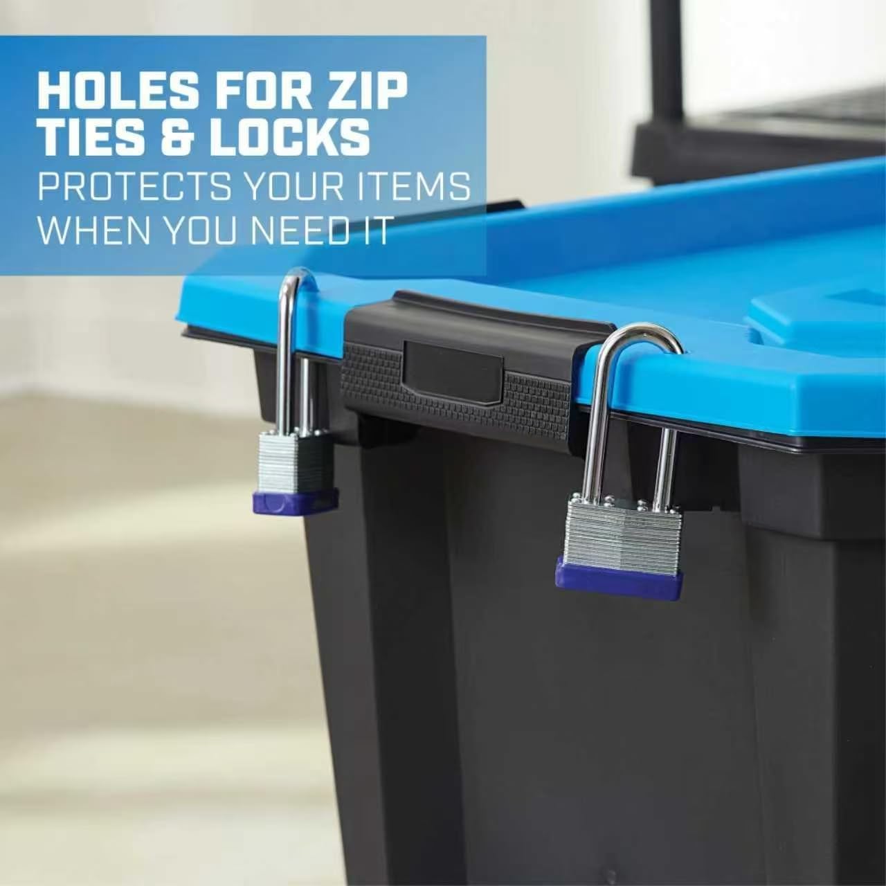 24 Gallon Water Resistant Heavy Duty Storage Bin with Gasket Seal Lid & 6 Latching Closures – Black/Blue Dust Proof Tote for Power Tools, Lasers, Truck Transport, Stackable