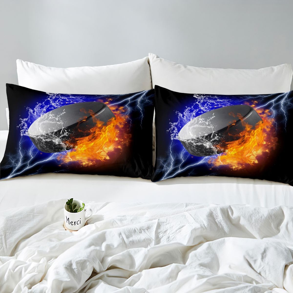 Erosebridal Ice Hockey Bed Sheets Set Full, Flame Puck Sheet Set for Kids Boys Teens Adult Bedroom, Sports Games Sheets Ice Hockey Gifts for Teenage Boys, Fire Water Lightning Top Sheet