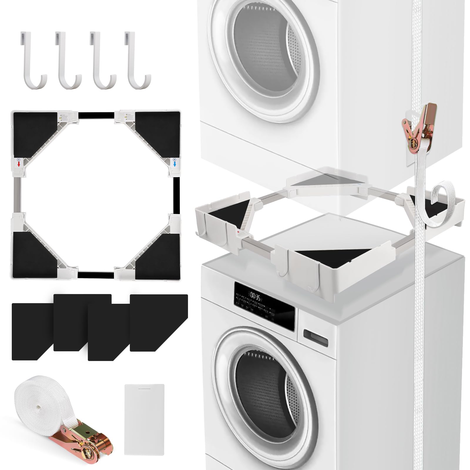 Kit Union Lavadora Secadora Universal de 46 a 66 cm, Rango de Marco Ajustable con Cuerda de Trinquete, Ofrece Soluciones Para Apilar Lavadoras y Secadoras de Diferentes Tamaños Capacidad Carga 200 kg